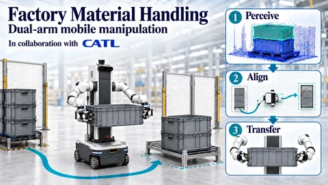 A wheeled dual-arm mobile robot autonomously identifying, unstacking, and transporting heavy totes across industrial workstations.