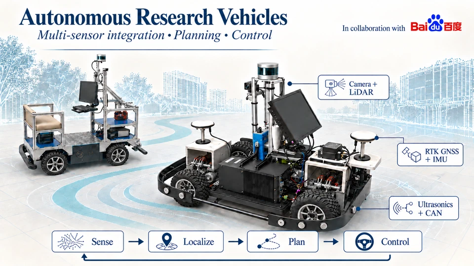 Four-wheel independent-steering AGV and campus cart equipped with LiDAR, cameras, RTK antennas, industrial PC, and ultrasonic sensors, illustrating the complete autonomy loop from perception to actuation.