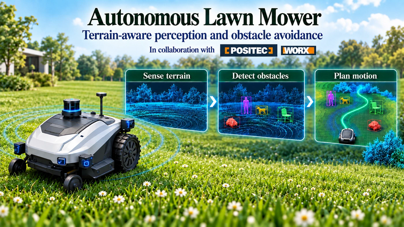 Technical illustration of a sensor-rich autonomous mower feeding camera and LiDAR observations into terrain perception, obstacle fusion, and planning.