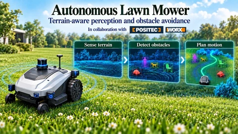 Technical illustration of a sensor-rich autonomous mower feeding camera and LiDAR observations into terrain perception, obstacle fusion, and planning.