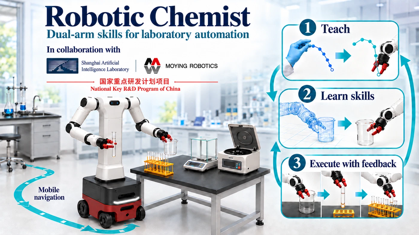 Robotic Chemist system overview: a dual-arm mobile robot navigating between laboratory workstations to manipulate tubes and beakers.