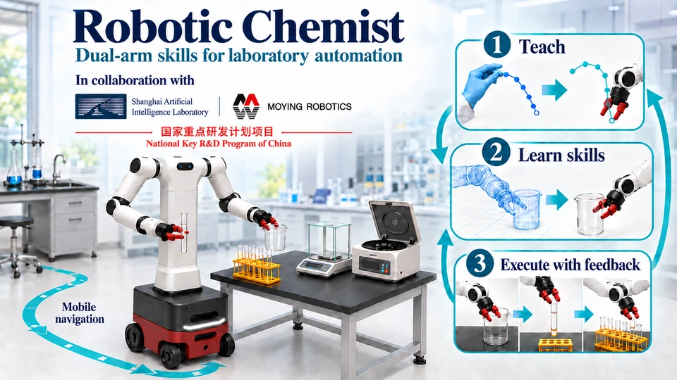 Robotic Chemist system overview: a dual-arm mobile robot navigating between laboratory workstations to manipulate tubes and beakers.