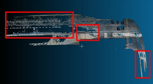 Standard dense reconstruction exhibiting gaps on weak-texture asphalt.