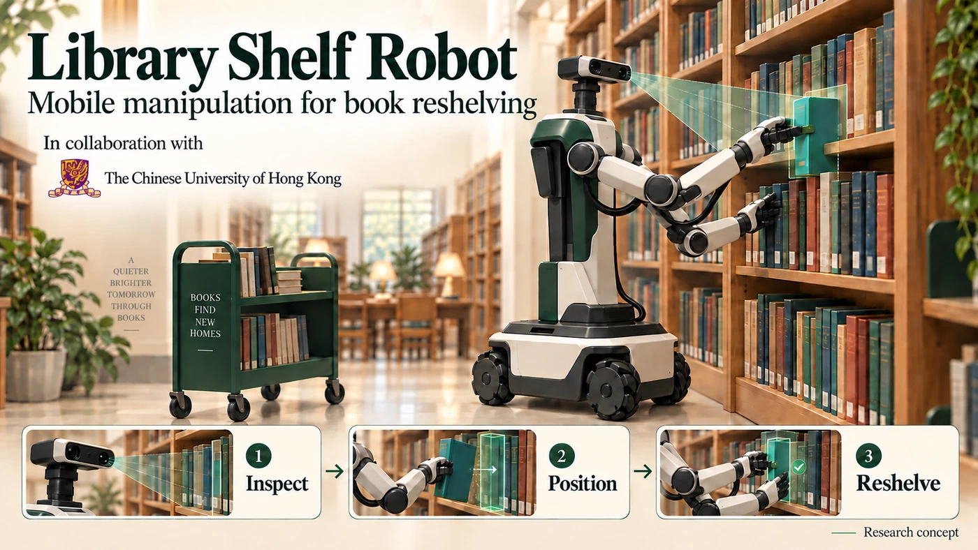 Concept illustration of a wheeled dual-arm robot returning a book to a library shelf.