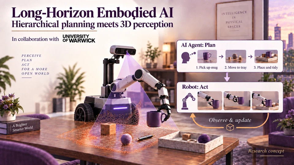 Concept diagram connecting vision and mmWave sensing, hierarchical planning, and robot manipulation.