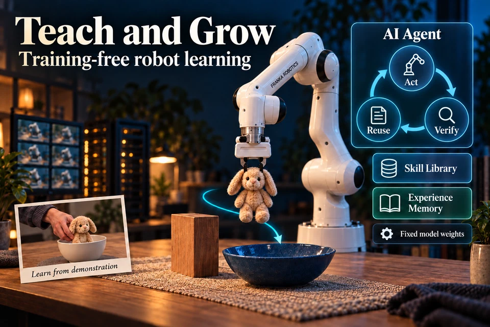 A Franka robot reuses a taught skill to place an object into a container in a changed scene.
