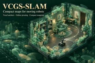 VCGS-SLAM — A compact Gaussian map grows with the robot.